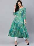 Jompers Women Green & White Printed Flared Kurta