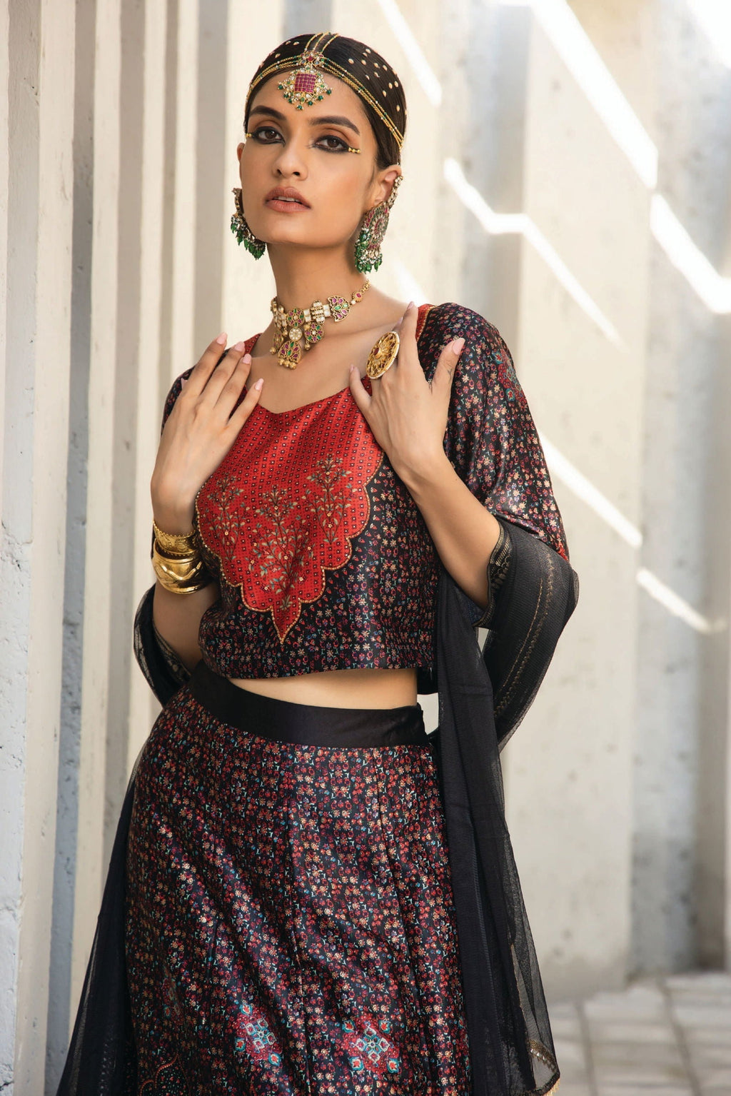 Juniper Black Ethnic Motif Printed Dull Satin Lehenga Choli & Net Dupatta Set