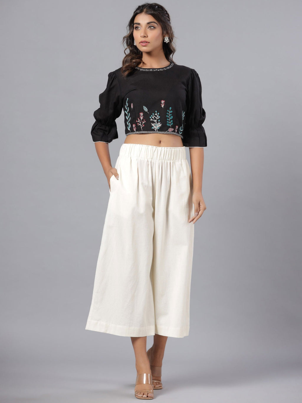 Juniper Black Floral Printed Rayon Flex Crop Top With Thread Embroidery