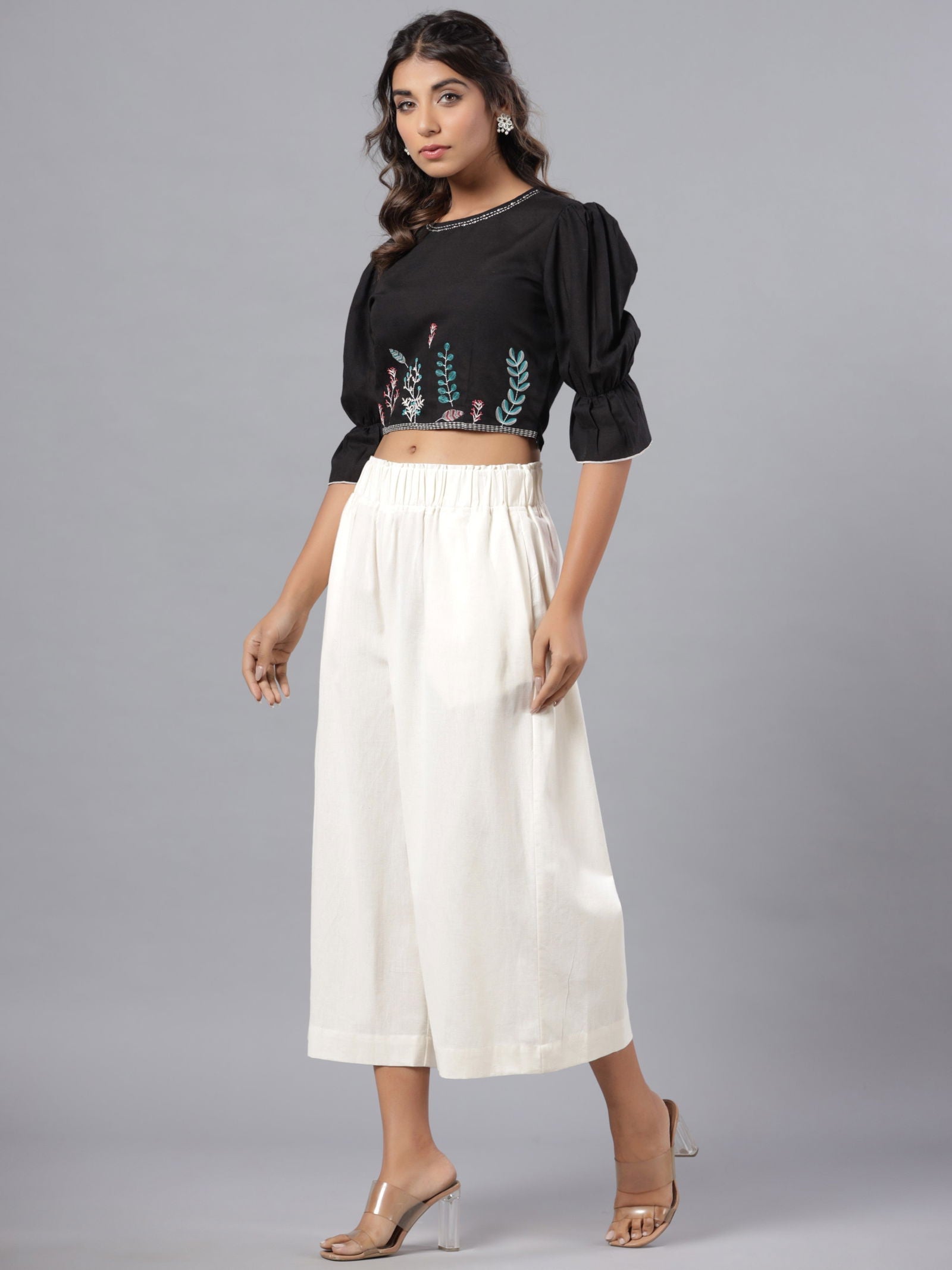 Juniper Black Floral Printed Rayon Flex Crop Top With Thread Embroidery