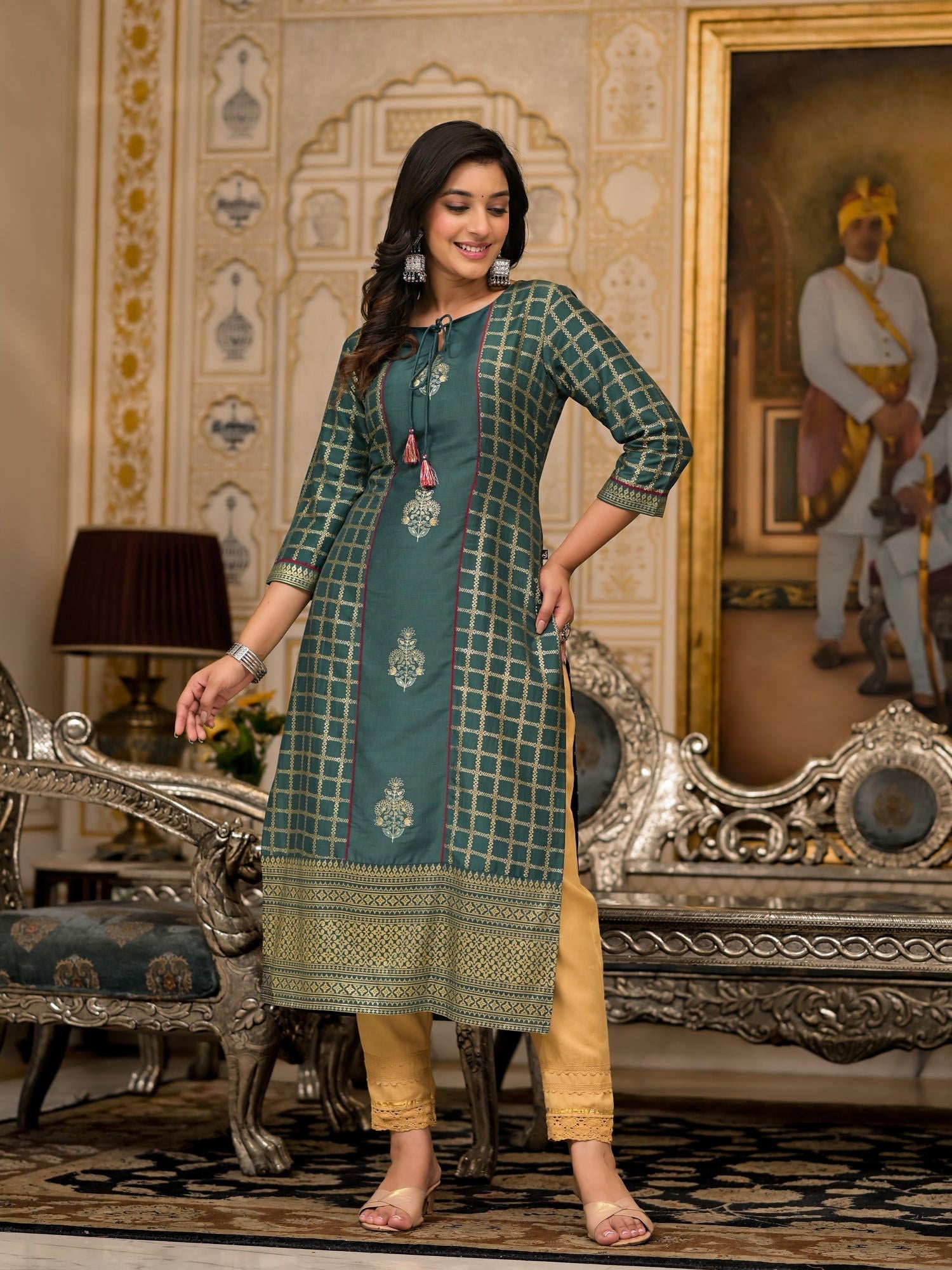 Juniper Bottle Green Ethnic Motif Printed Cotton Women Kurta With Dori Detail