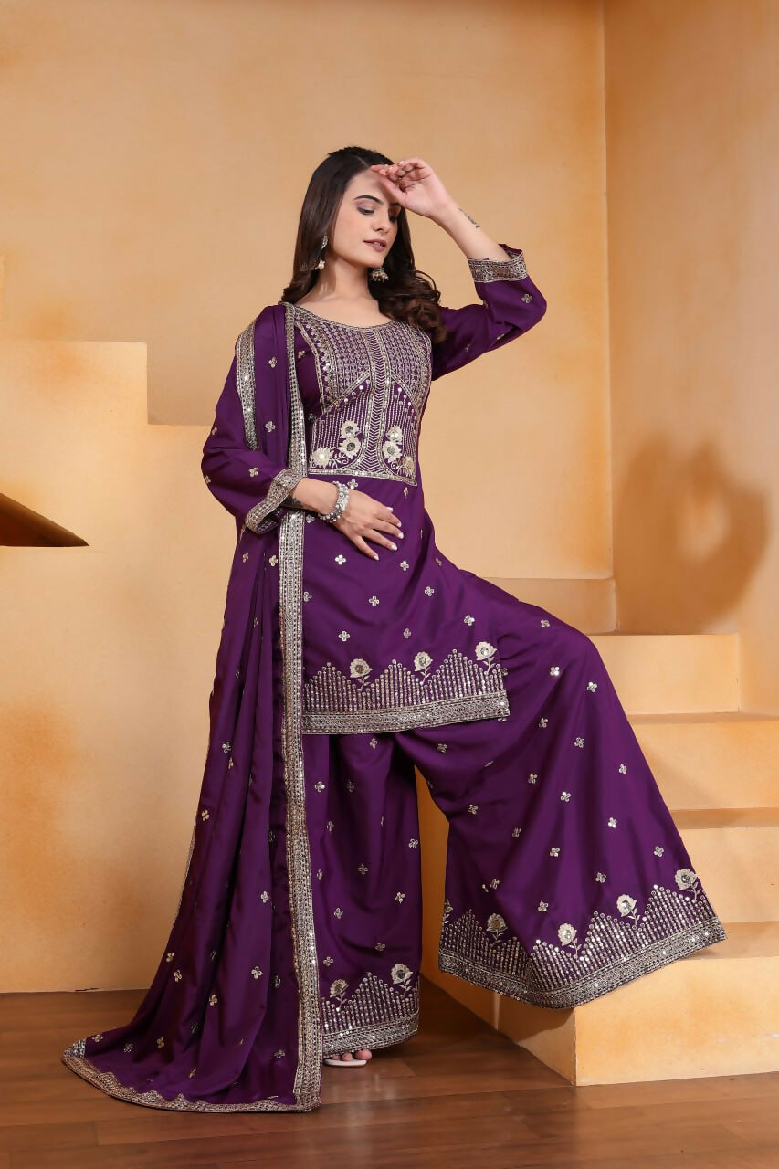 Teeya Creation Wine Color Natural Crepe Silk Wedding Wear Trending Palazzo Set