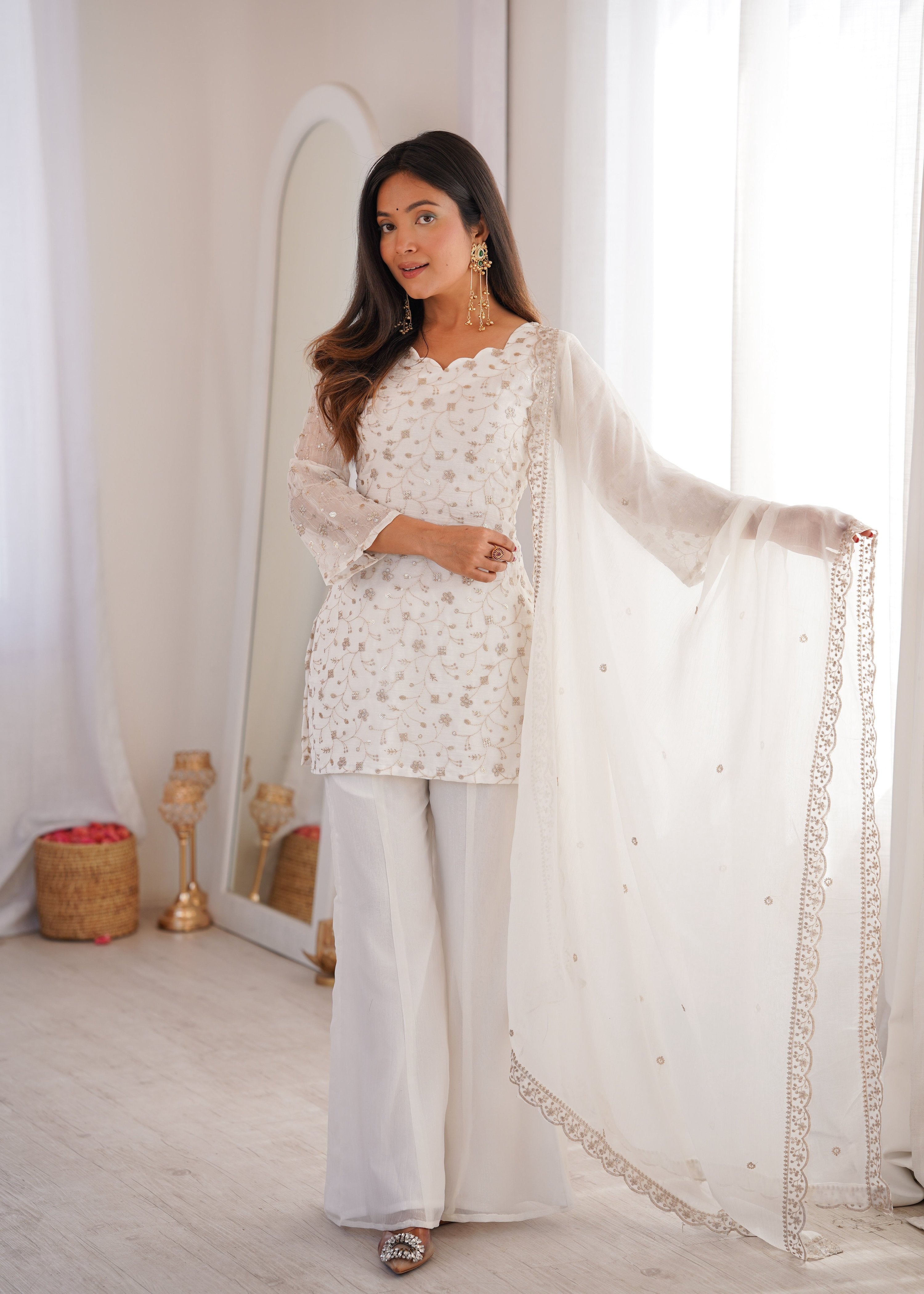 Lehenga Mart Designer Suit With Kurta Palazzo Dupatta For Women-Off-White