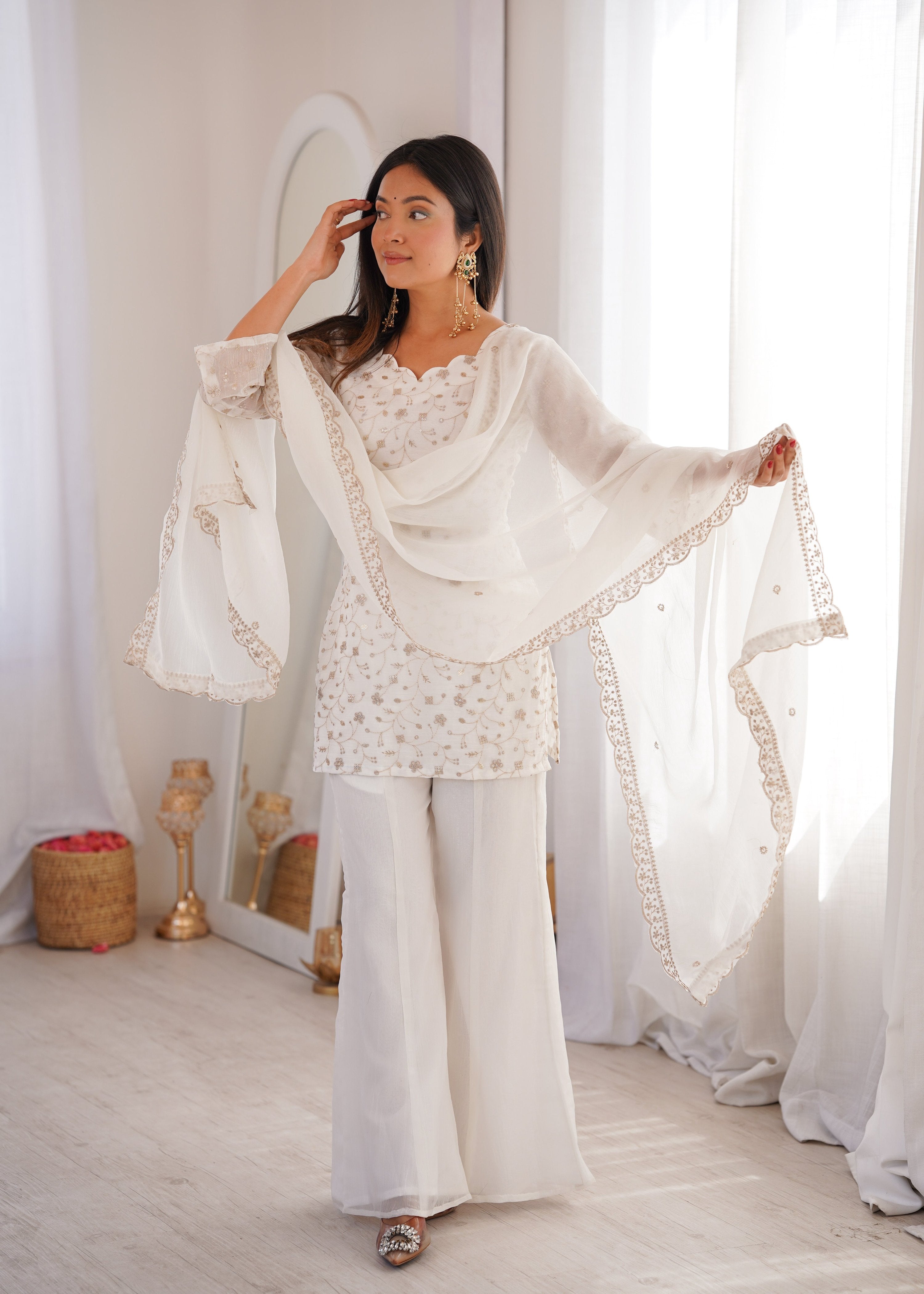 Lehenga Mart Designer Suit With Kurta Palazzo Dupatta For Women-Off-White