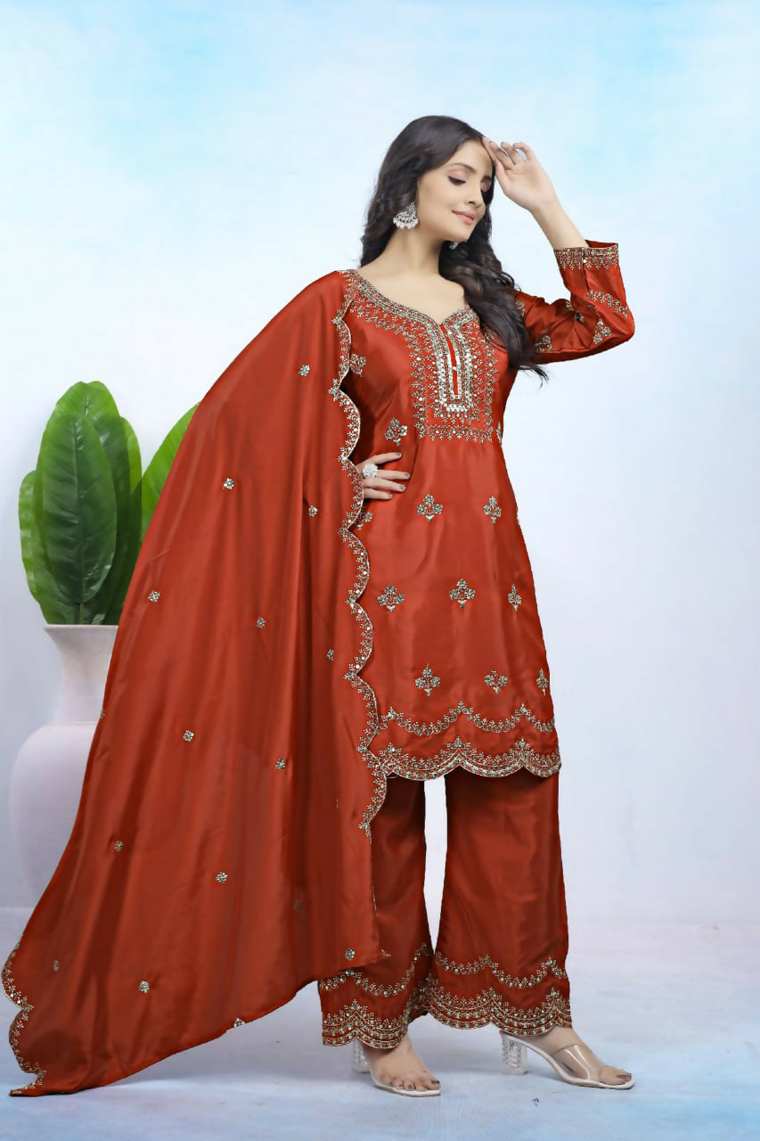Teeya Creation Dark Orange Color Natural Crepe Silk Wedding Wear Trending Salwar Suit