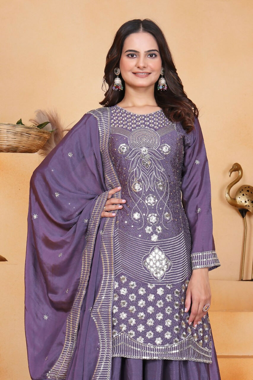 Teeya Creation Lavender Chinon Embroidery Work Party Wear Palazzo Suit