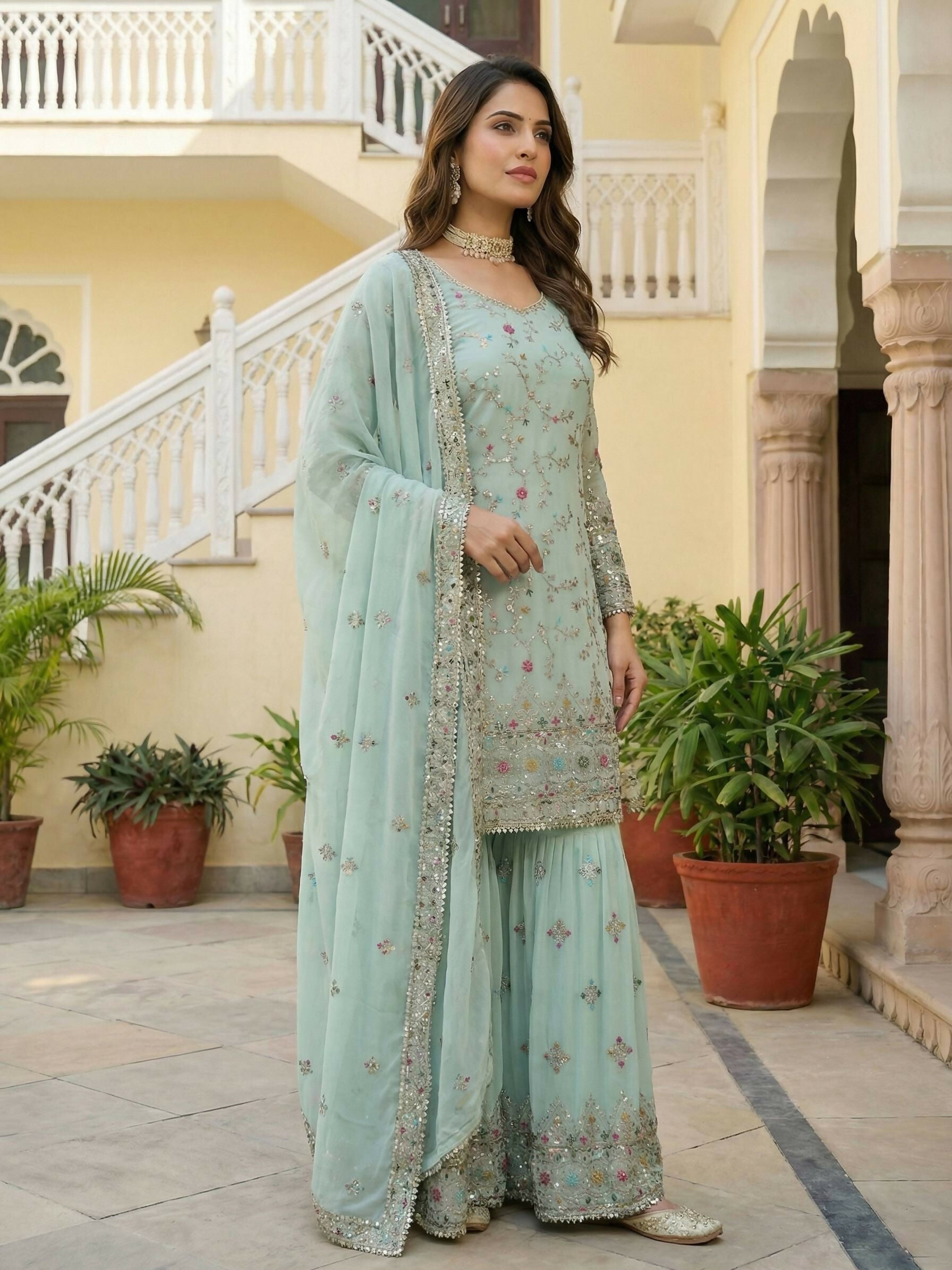 Joban Fashion Sky Georgette Embroidered Sharara Set