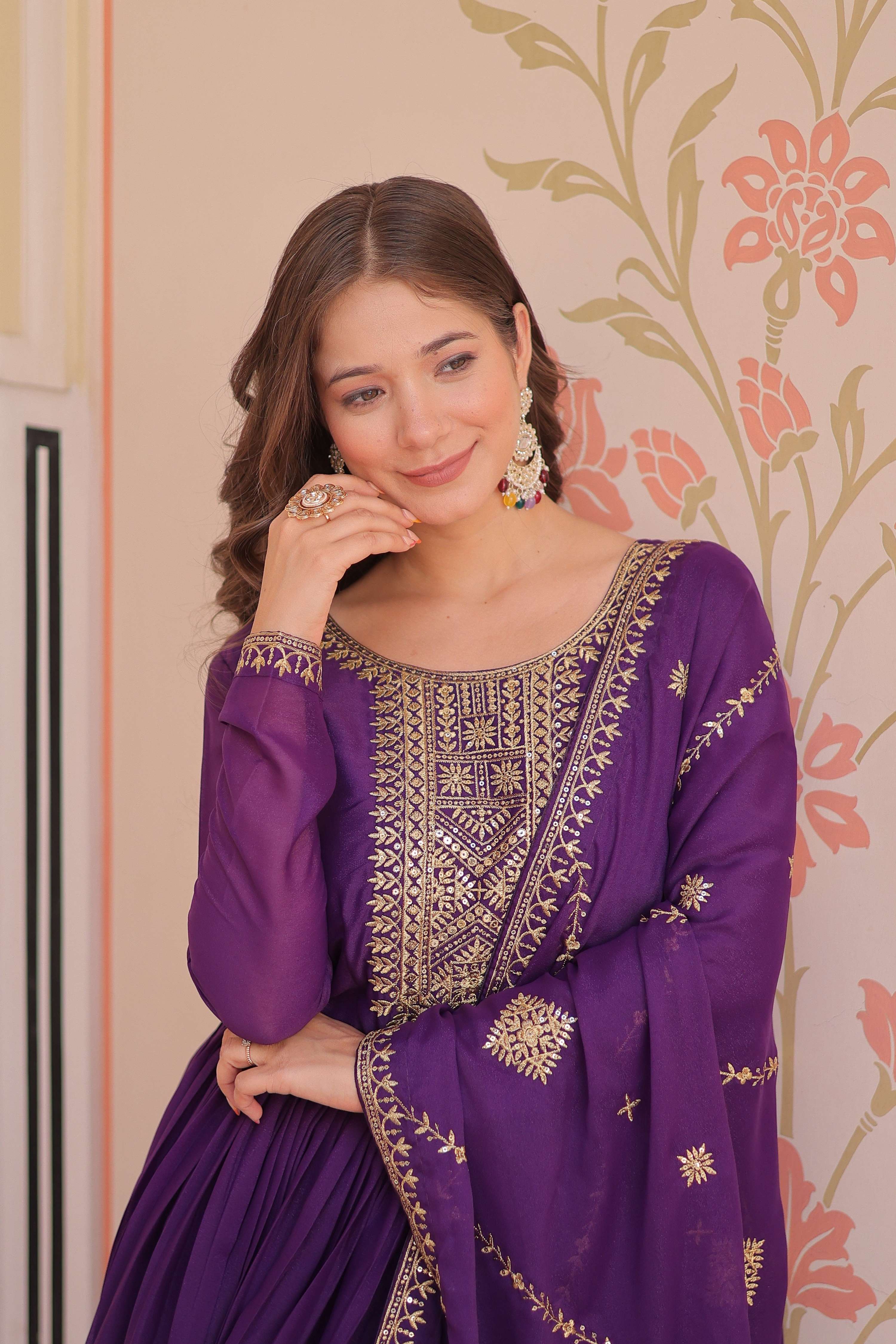 Vedant Vastram Georgette Embroidery & Sequence Work Stitched Ethnic Gown-Purple