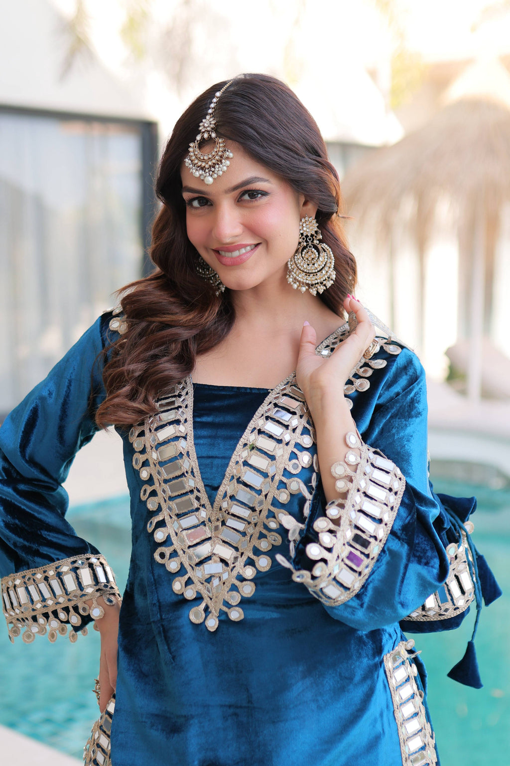 Vedant Vastram Heavy Velvet Embroidery & Mirror Work Stitched Ethnic Palazzo Set-Rama