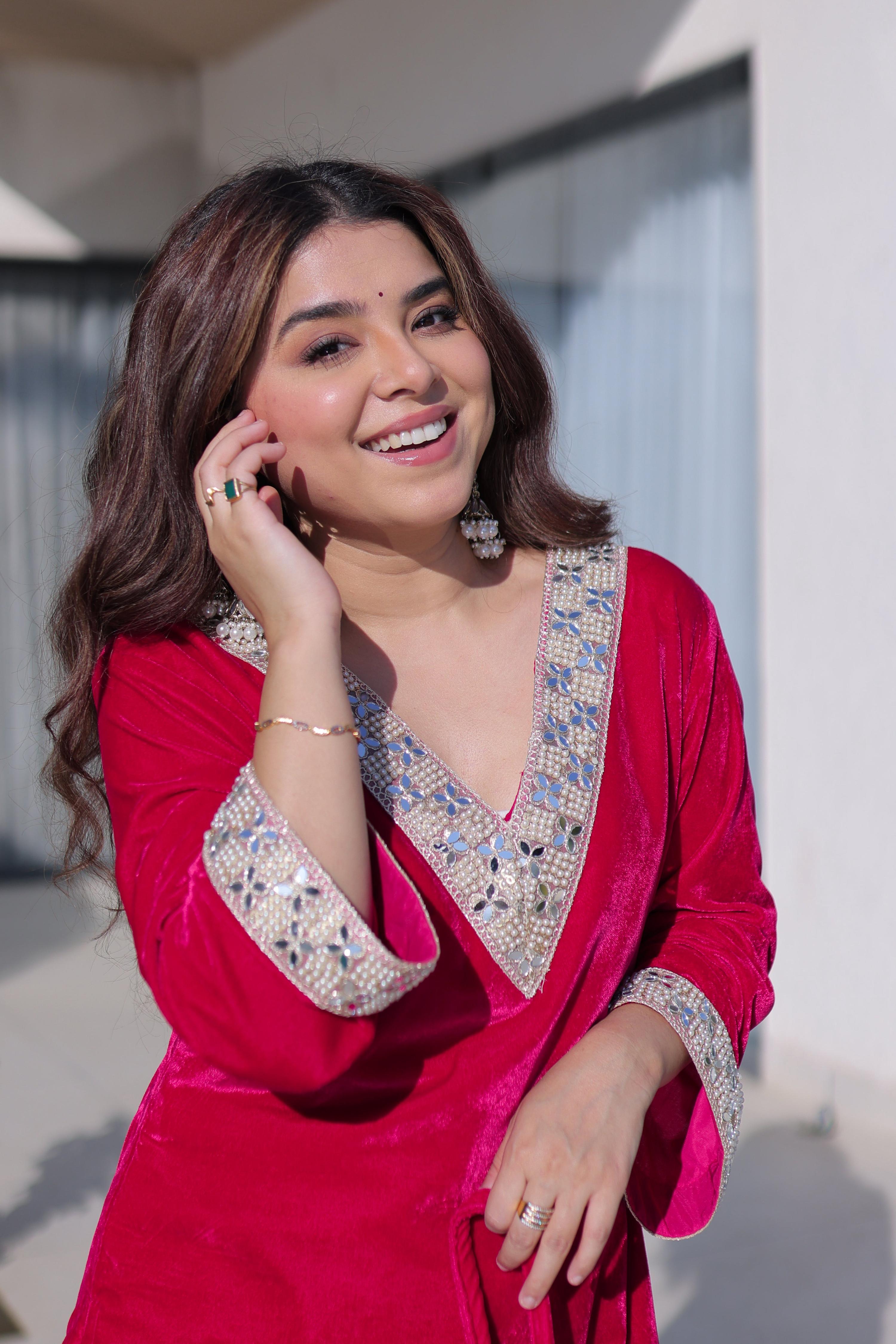 Vedant Vastram Heavy Velvet Embroidery & Mirror Work Stitched Salwar Suit Set-Pink