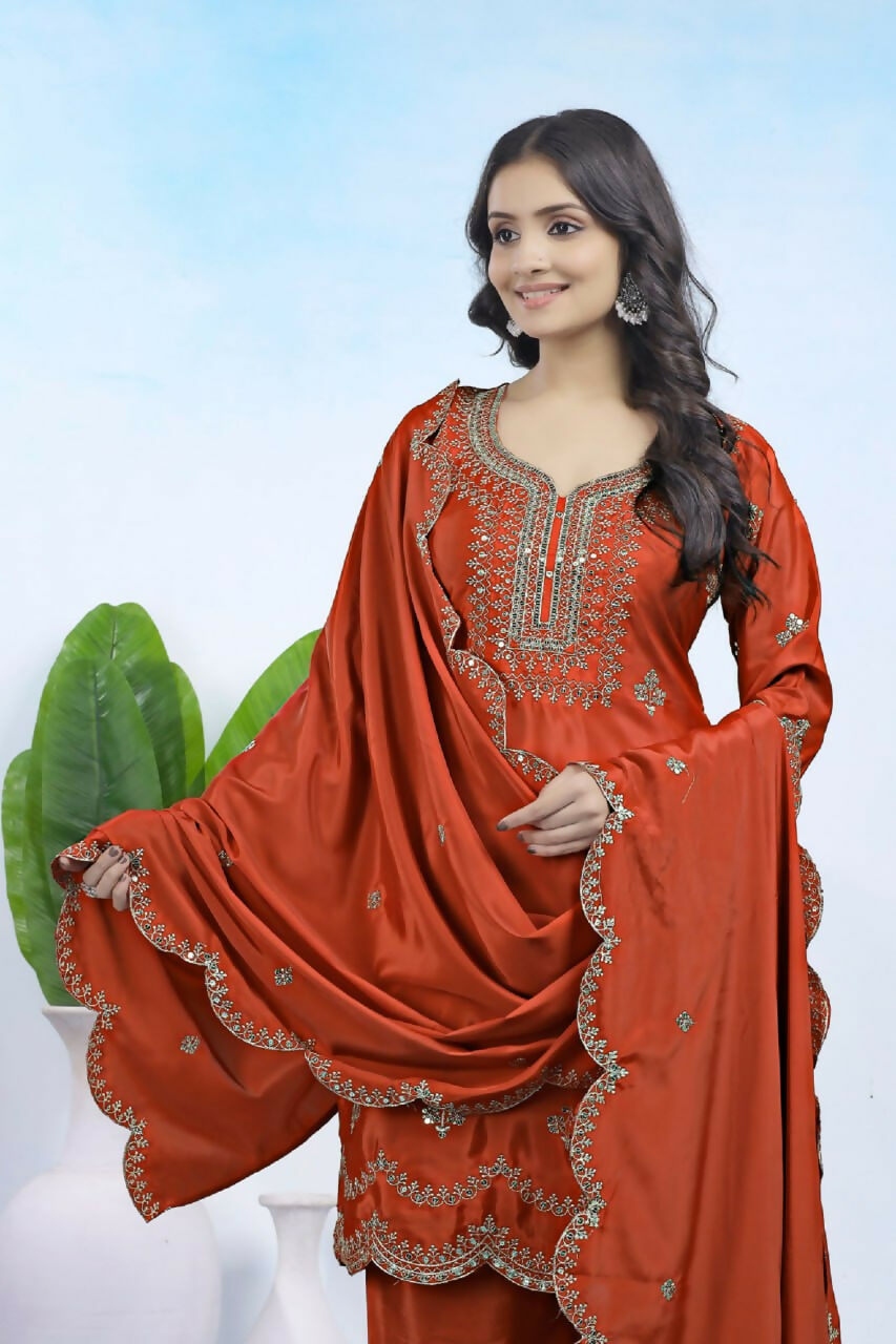 Teeya Creation Dark Orange Color Natural Crepe Silk Wedding Wear Trending Salwar Suit
