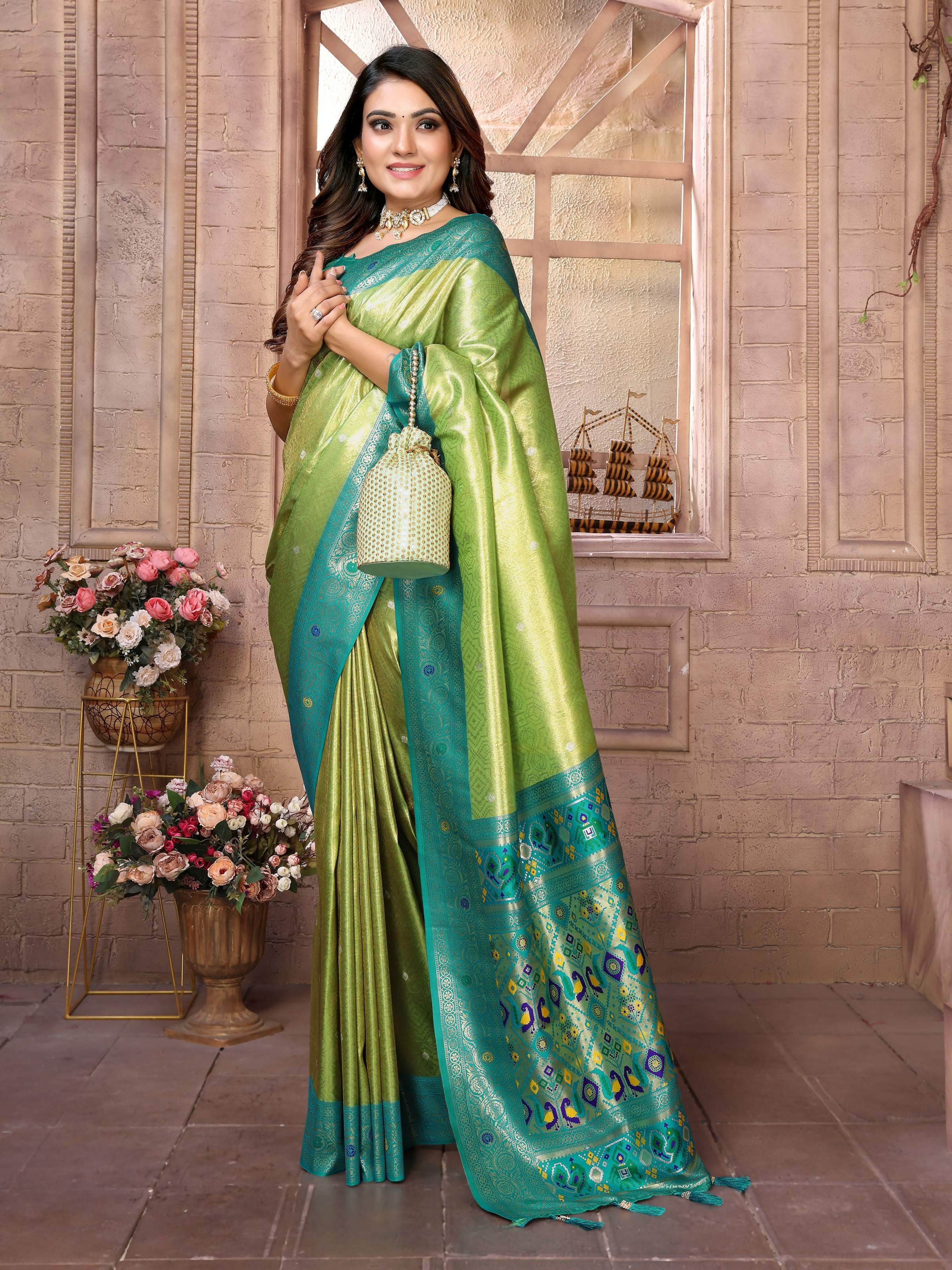 Aastha Fashion Pista Banarasi Tissue Silk Weaving Saree