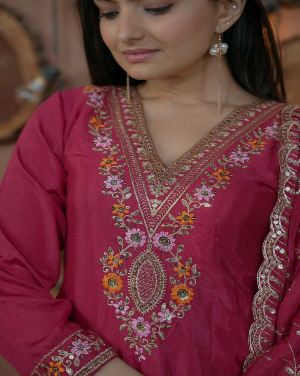 Joban Fashion Pink Silk Embroidered Kurti Set