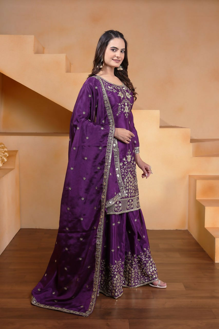 Teeya Creation Purple Chinon Embroidery Work Party Wear Palazzo Suit