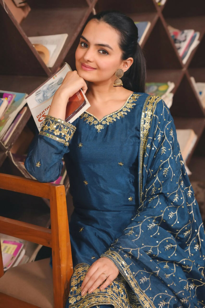Teeya Creation Blue Color Chinon Silk Wedding Wear Trending Palazzo Set