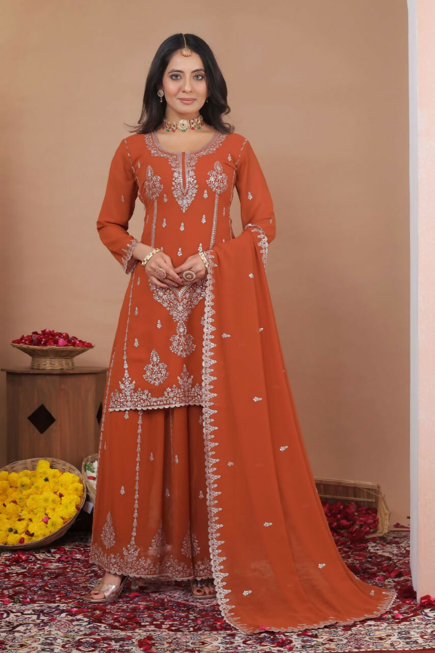 Joban Fashion Dark Orange Georgette Embroidered Sharara Set