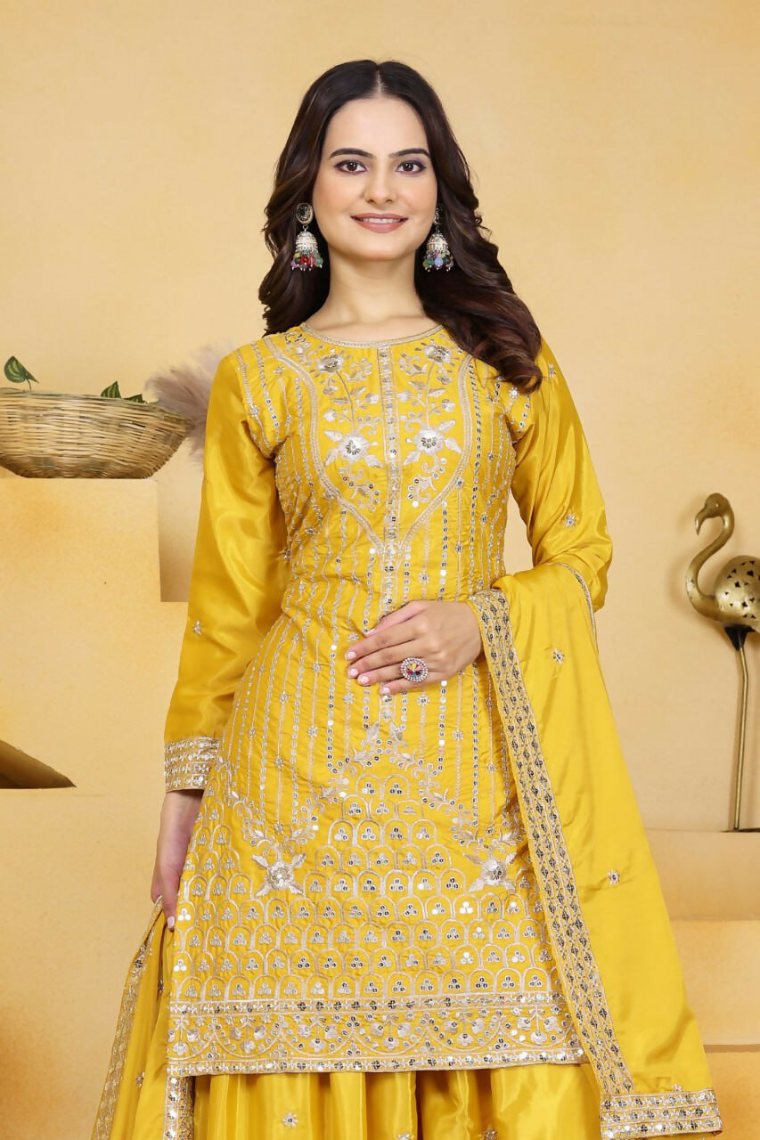 Joban Fashion Yellow Crepe Embroidered Sharara Set