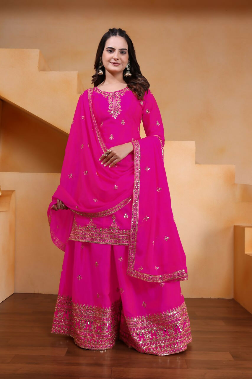 Teeya Creation Pink Color Chinon Silk Wedding Wear Trending Palazzo Set