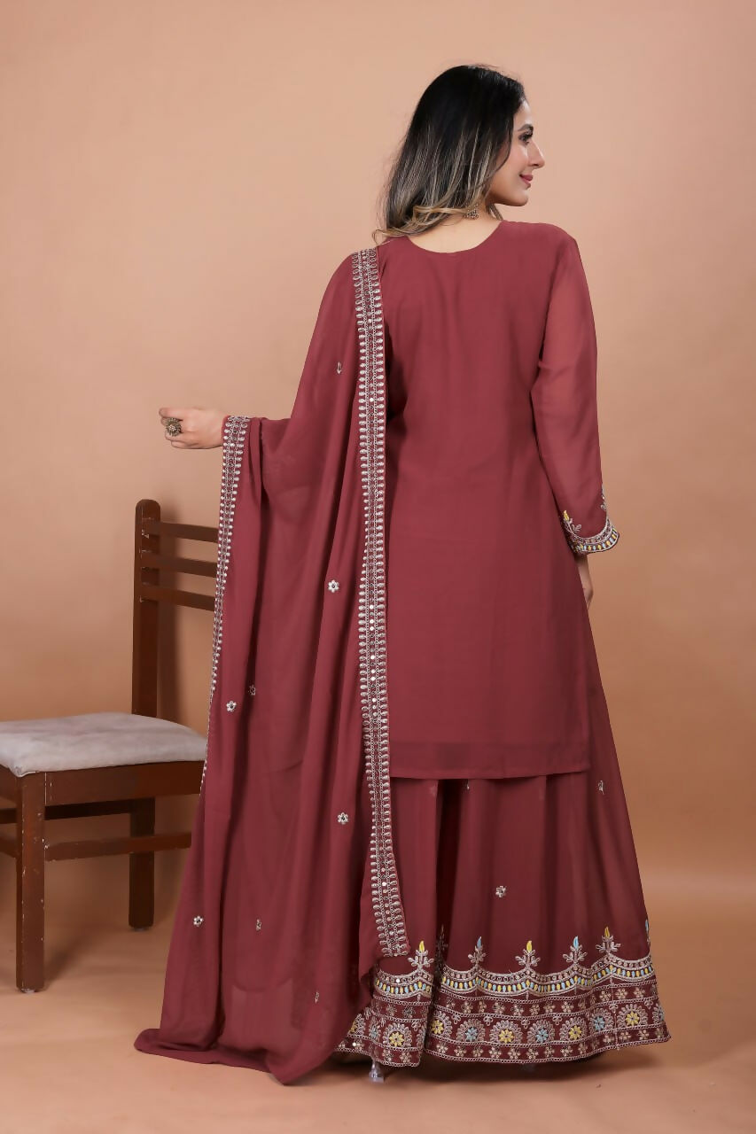 Teeya Creation Brown Color Faux Georgette Embroidery Work Wedding Wear Palazzo Set
