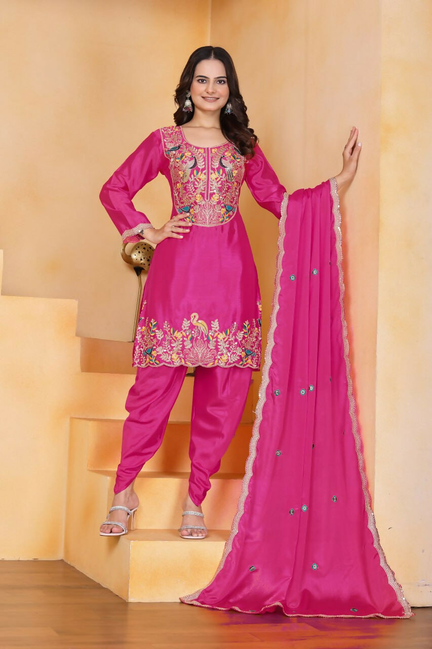 Teeya Creation Pink Color Chinon Silk Party Wear Punjabi Dhoti Suit