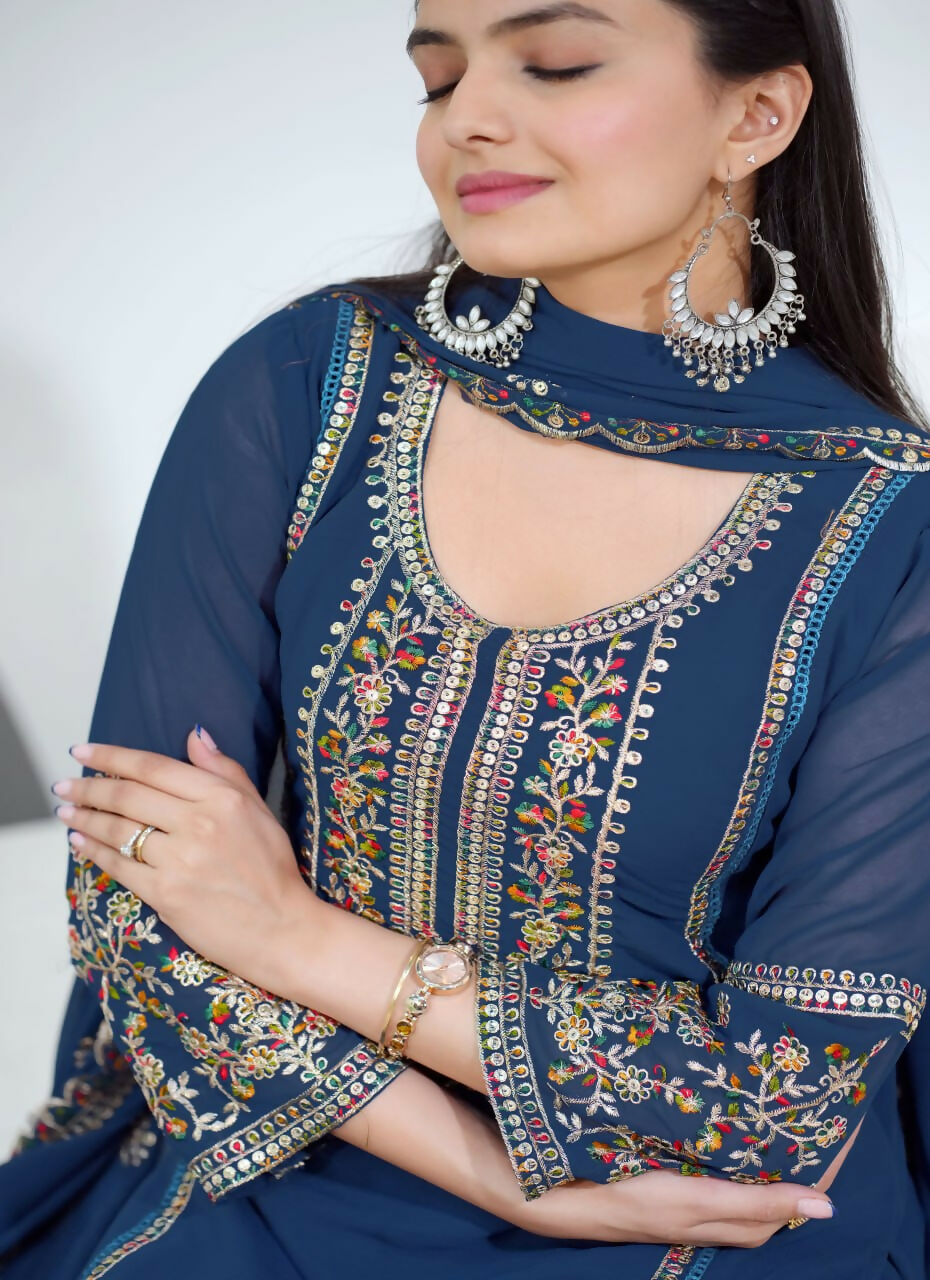 Teeya Creation Blue Color Faux Georgette Embroidery Work Party Wear Salwar Suit