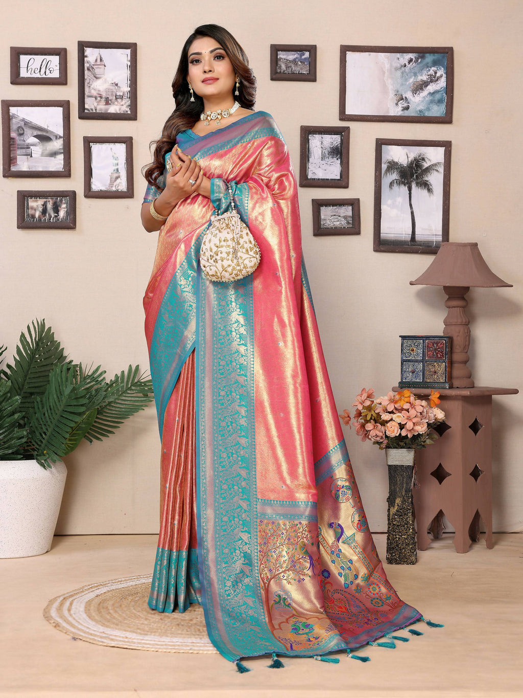 Aastha Fashion Pink Tissue Silk Weaving Saree