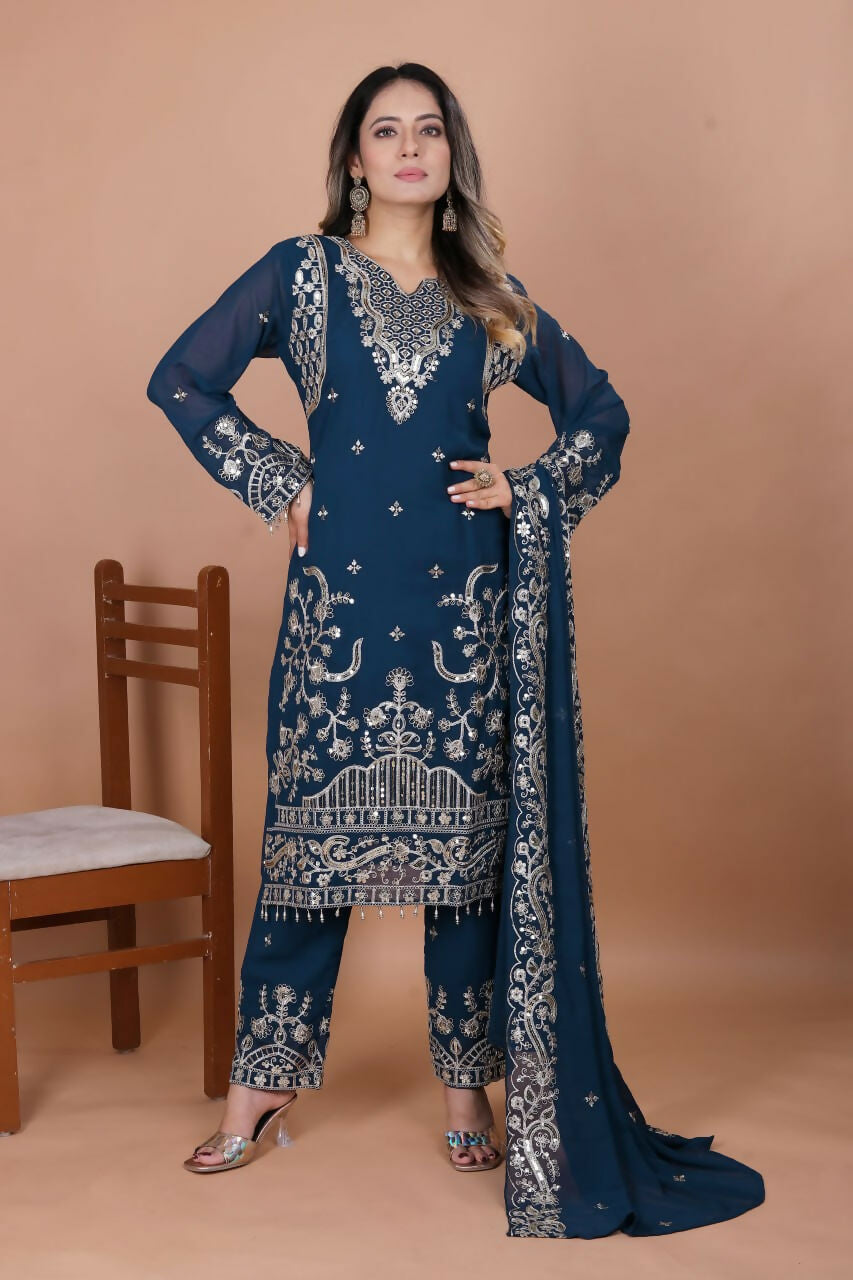 Teeya Creation Blue Faux Georgette Embroidery Work Salwar Suit