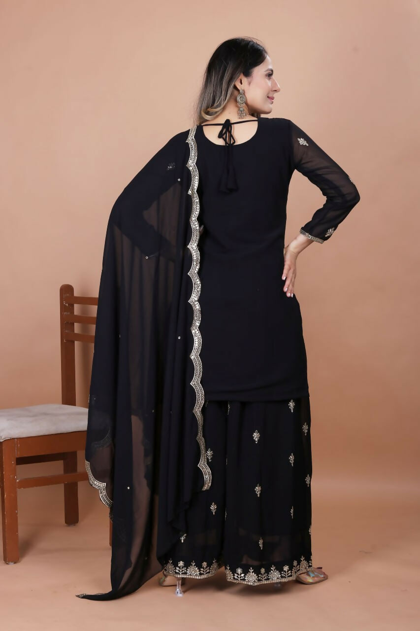 Teeya Creation Black Color Faux Georgette Embroidery Work Wedding Wear Palazzo Set