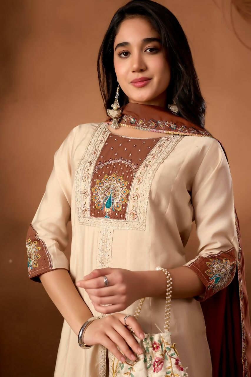 Lehenga Mart Designer Front-Slit Kurta, Paired With Wide-Leg Palazzo Pants And A Dupatta.-Cream