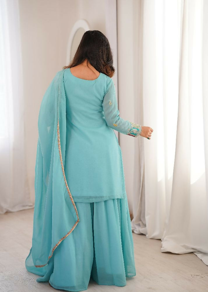 Teeya Creation Sky Blue Color Soft Crunchy Silk Party Wear Designer Sharara set