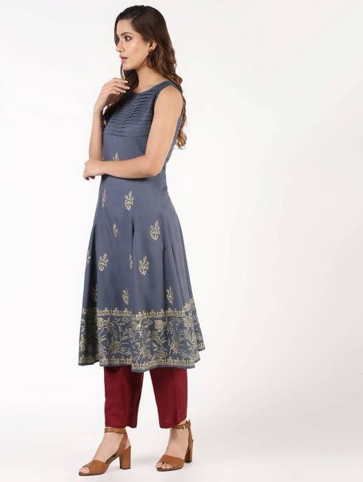 Aniyah Rayon Block Print Flared Grey Kurta (AN-150K)