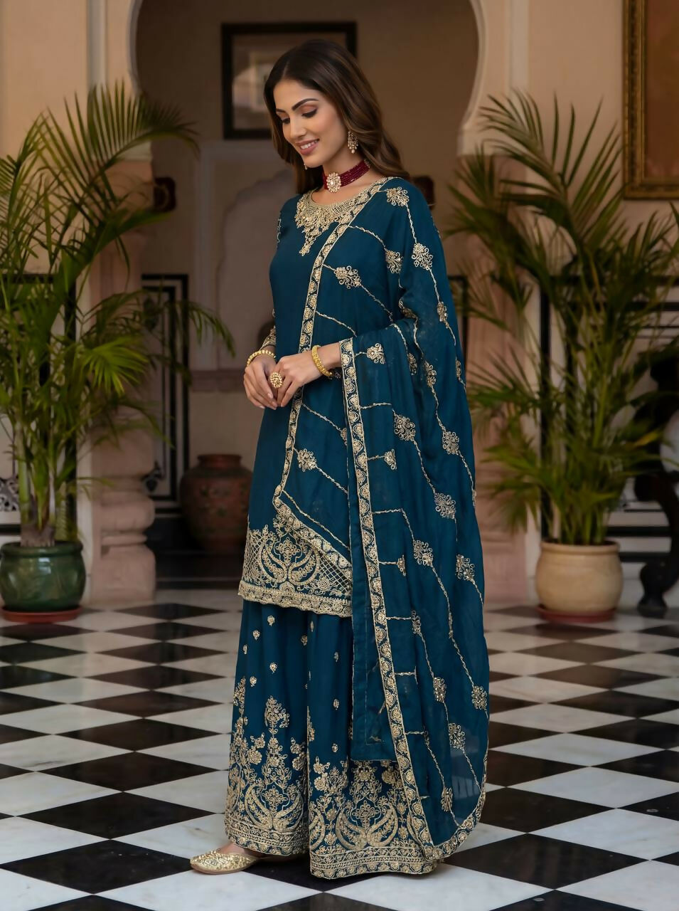 Teeya Creation Teal Chinon Silk Designer Wedding Wear Embroidery Work Palazzo