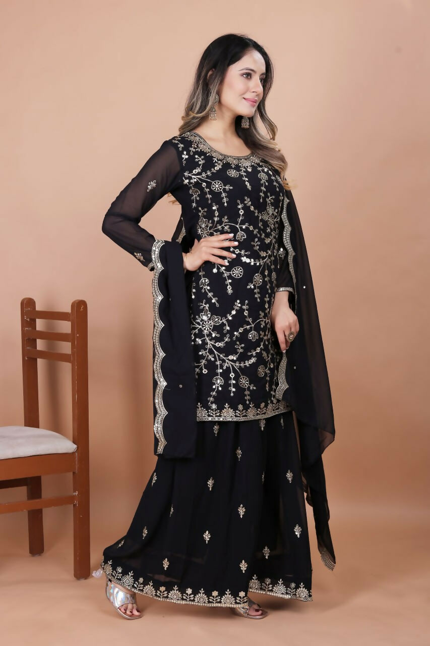 Joban Fashion Black Georgette Embroidered Sharara Set
