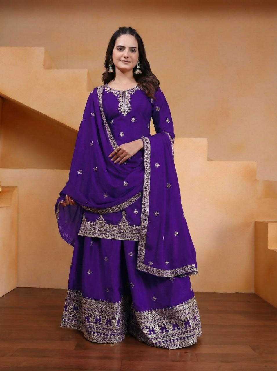 Joban Fashion Purple Silk Embroidered Sharara Set