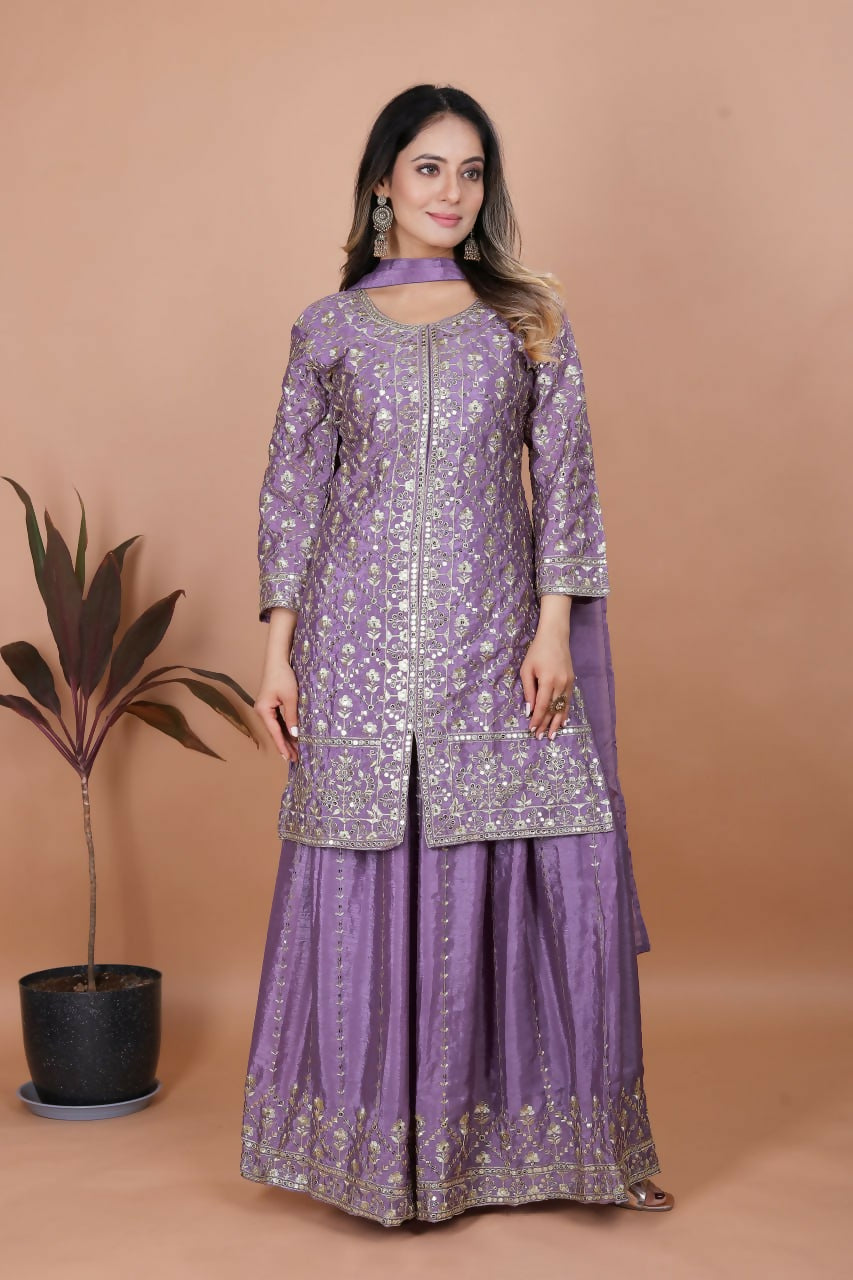 Teeya Creation Lavender Chinon Embroidery Work Party Wear Palazzo Suit