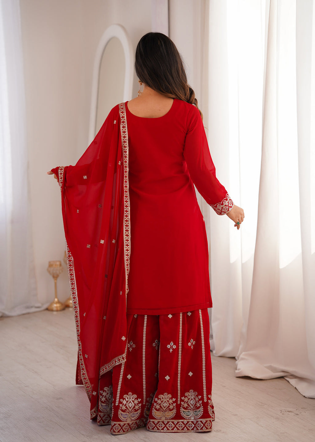 Evanik Red Faux Georgette Embroidery Dori, Sequence And Thread Work Kurta Palazzo With Dupatta