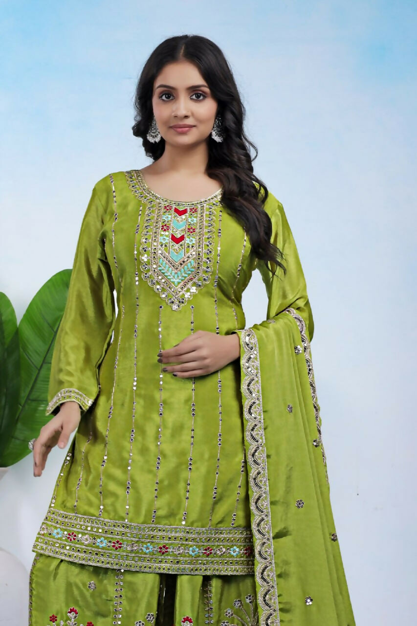 Teeya Creation Parrot Green Color Chinon Silk Wedding Wear Trending Palazzo Set