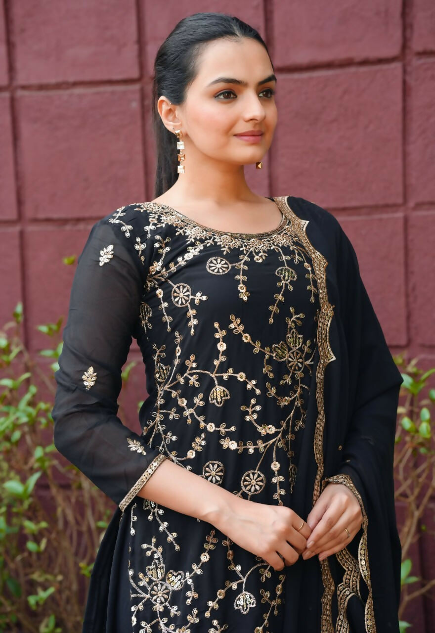 Teeya Creation Black Color Faux Georgette Embroidery Work Wedding Wear Palazzo Set