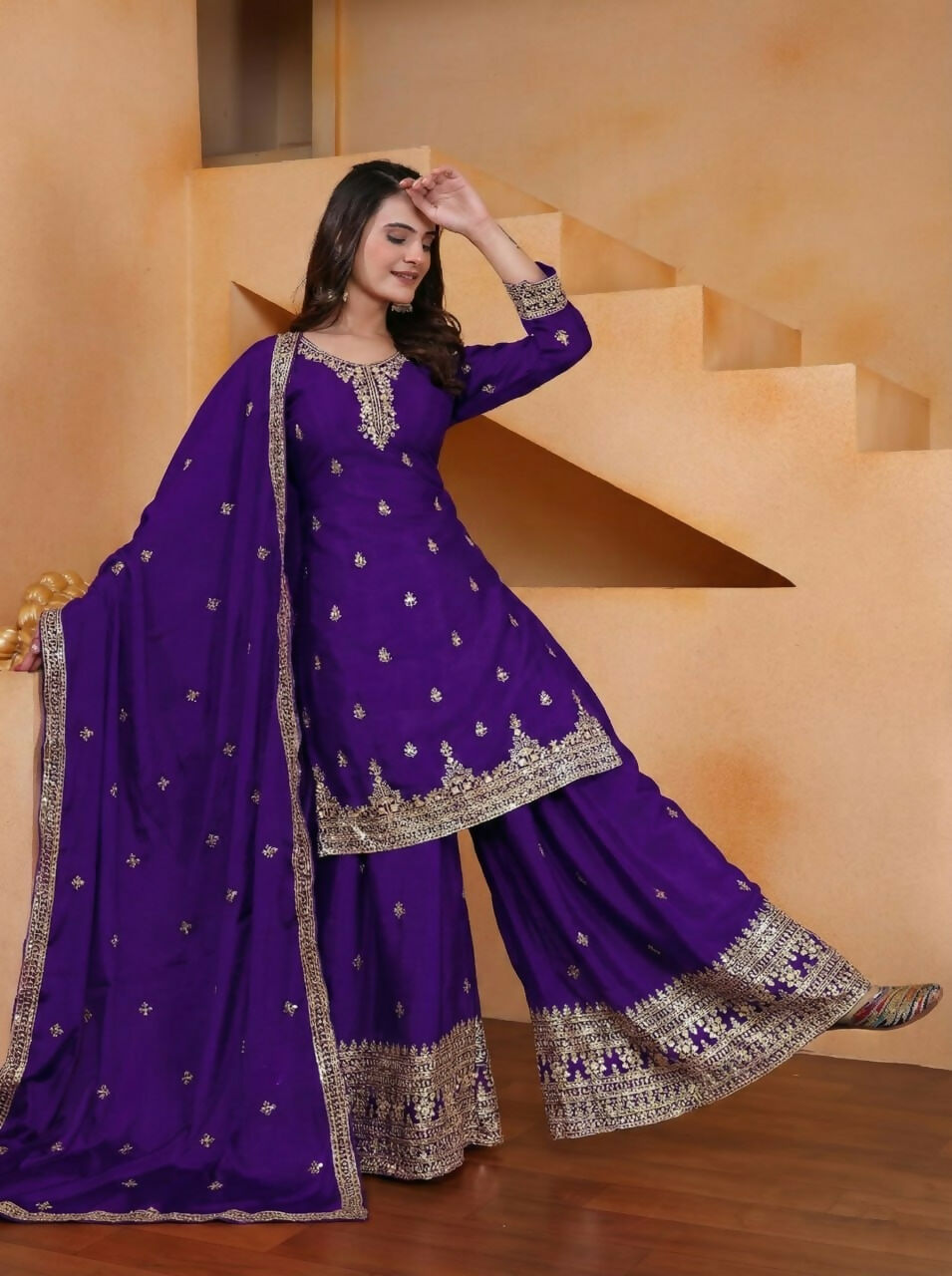 Teeya Creation Purple Color Chinon Silk Wedding Wear Trending Palazzo Set