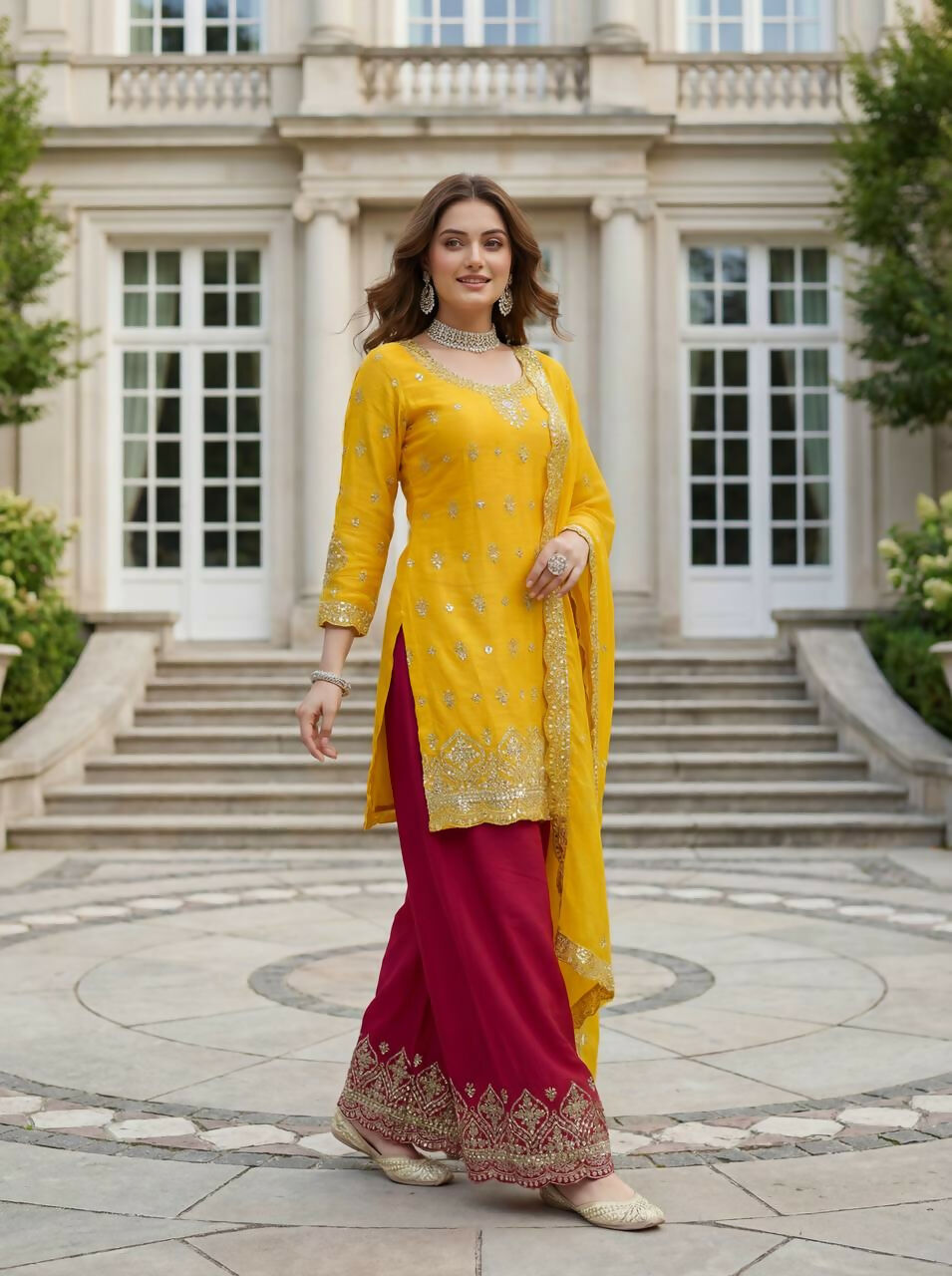 Teeya Creation Yellow Chinon Silk Embroidery Work Party Wear Palazzo Pair