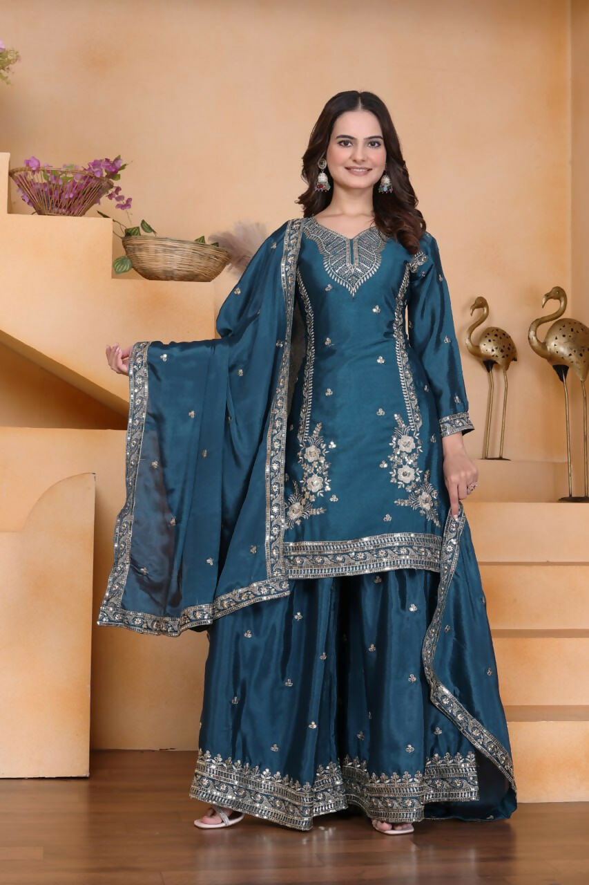 Teeya Creation Teal Color Chinon Silk Wedding Wear Trending Palazzo Set