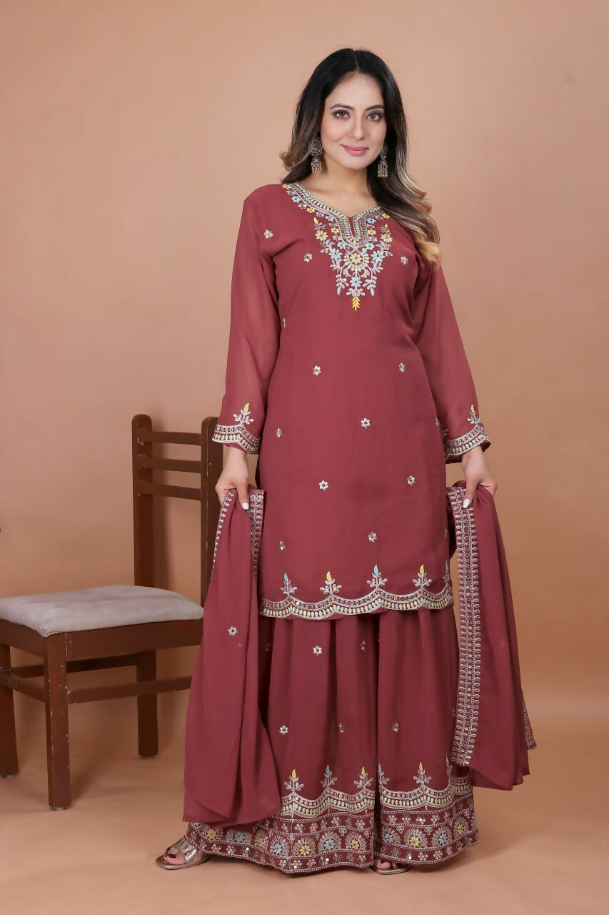 Teeya Creation Brown Color Faux Georgette Embroidery Work Wedding Wear Palazzo Set