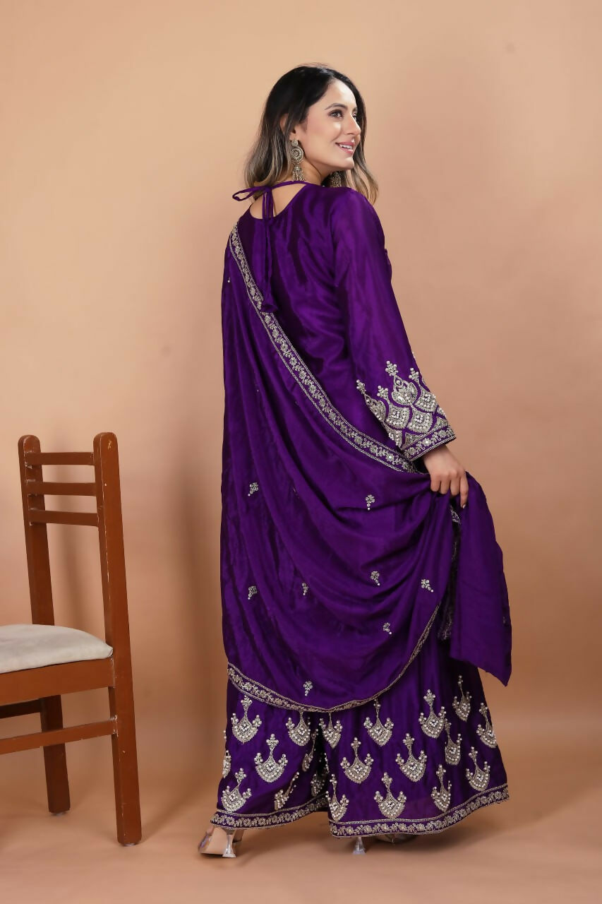 Teeya Creation Purple Chinon Embroidery Work Party Wear Palazzo Suit