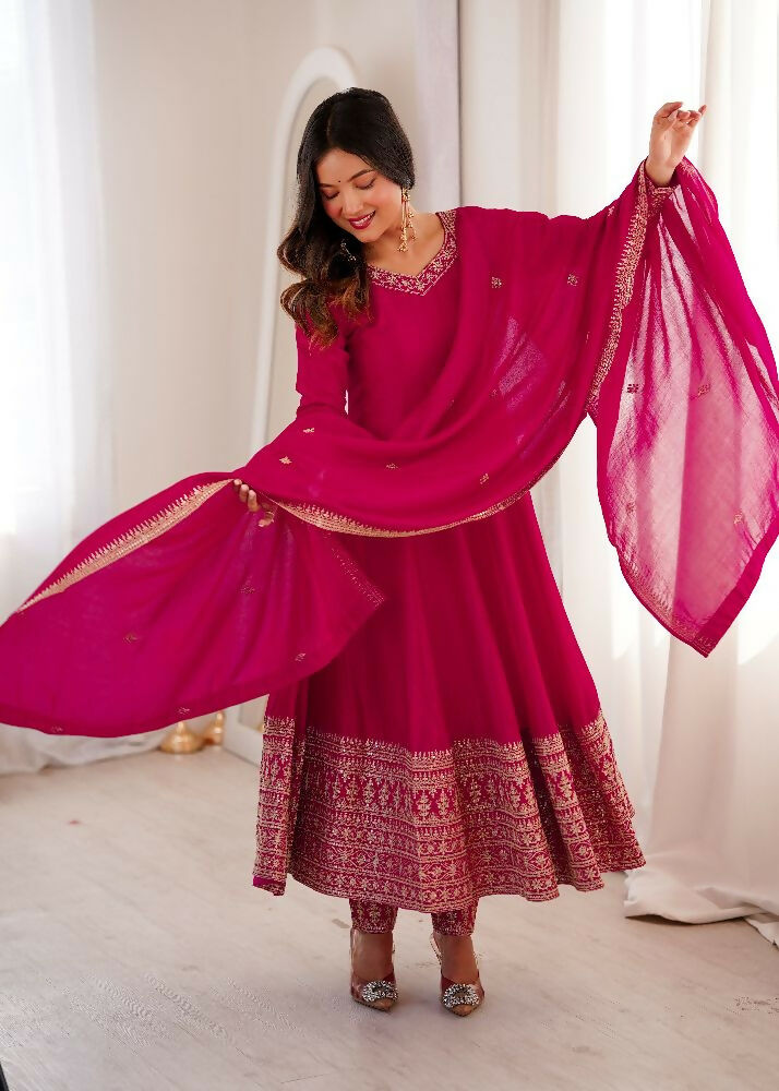 Teeya Creation Rani Color Vichitra Silk Embroidery Work Party Wear Long Gown
