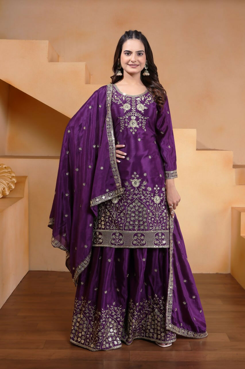 Joban Fashion Purple Silk Embroidered Sharara Set