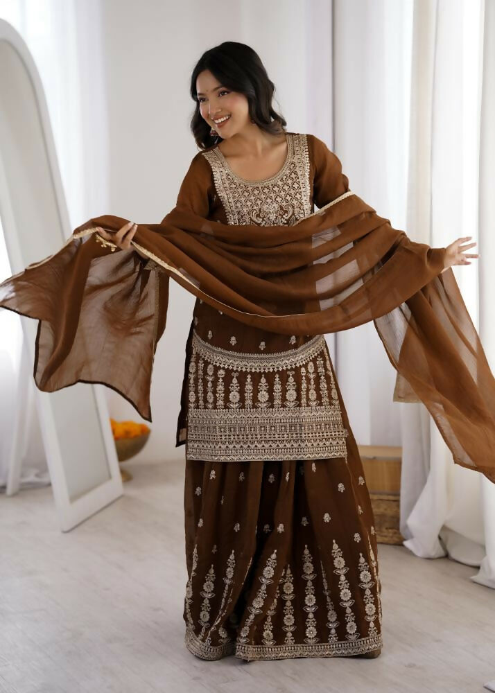 Lehenga Mart Designer Sharara Suit With Kurta, Sharara, Dupatta For Women-Brown