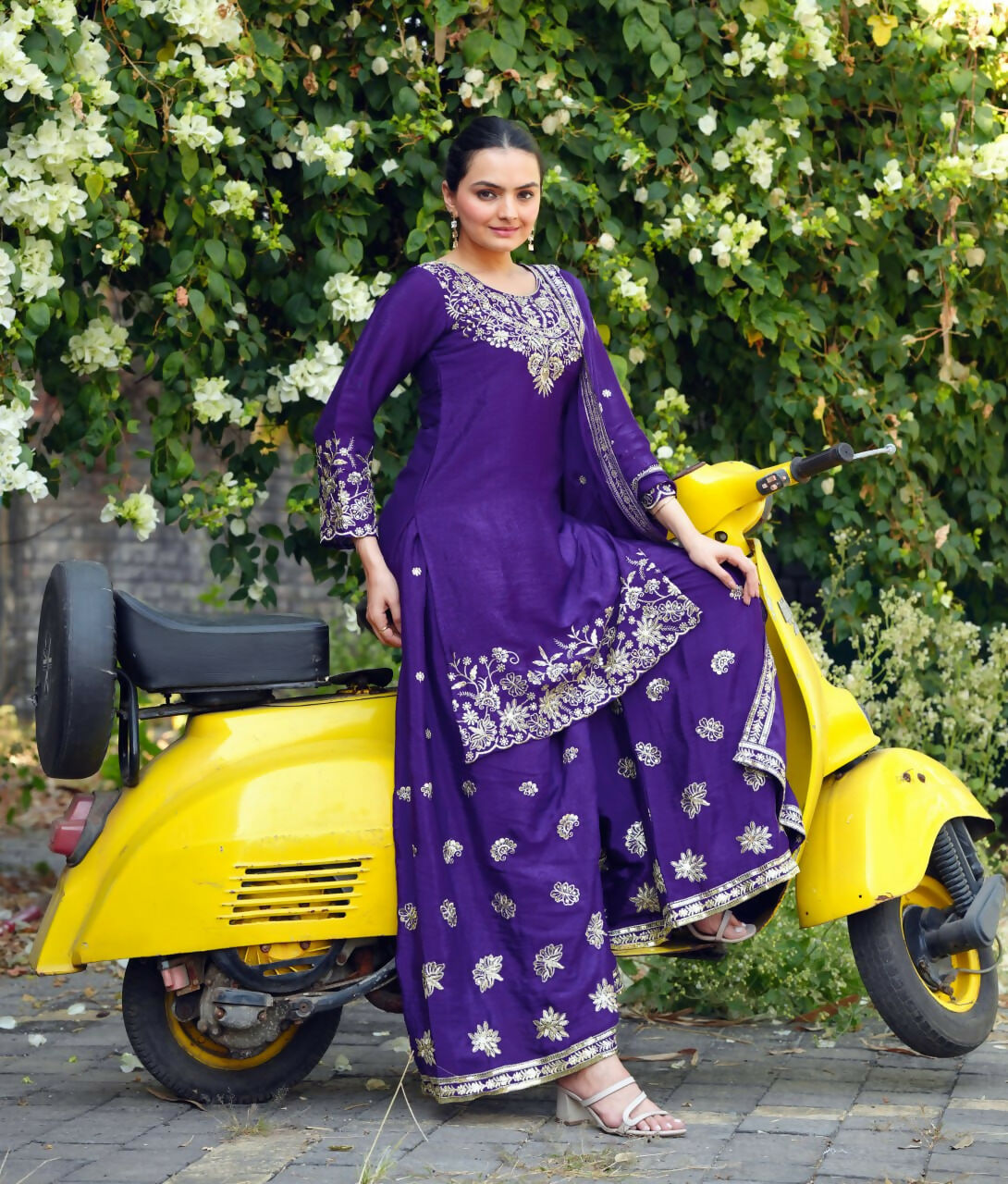 Teeya Creation Purple Color Chinon Silk Wedding Wear Trending Palazzo Set