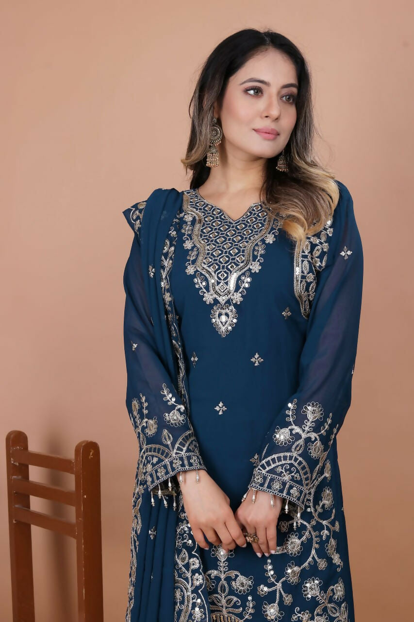 Teeya Creation Blue Faux Georgette Embroidery Work Salwar Suit