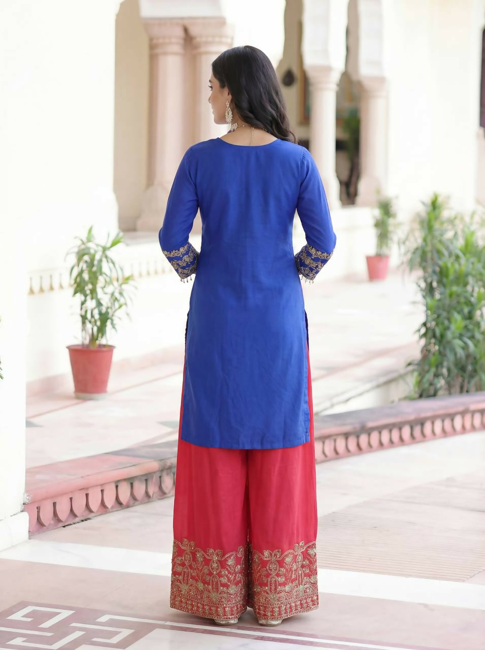 Teeya Creation Blue Chinon Silk Designer Wedding Wear Embroidery Work Palazzo