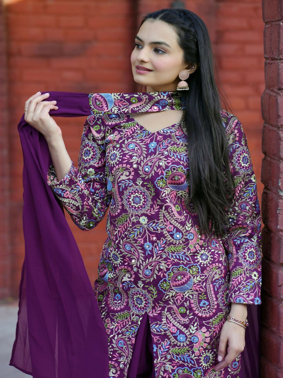 Joban Fashion Wine Silk Embroidered Sharara Set